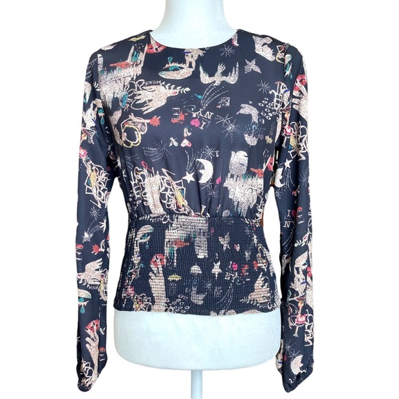 Nicole Miller Tops - Nicole Miller NY black long puff sleeve blouse smocked waist holiday print XS